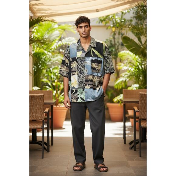 Vintage Tommy Bahama Men's Silk Hawaiian Patchwork Vacation Shirt Size Medium - Picture 1 of 4